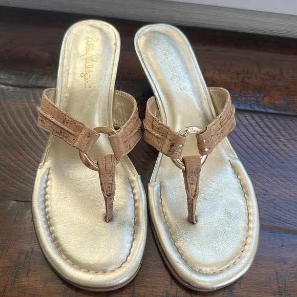 Lilly Pulitzer Gold Corked Pattern Women's Heeled Sandals - Picture 4 of 7